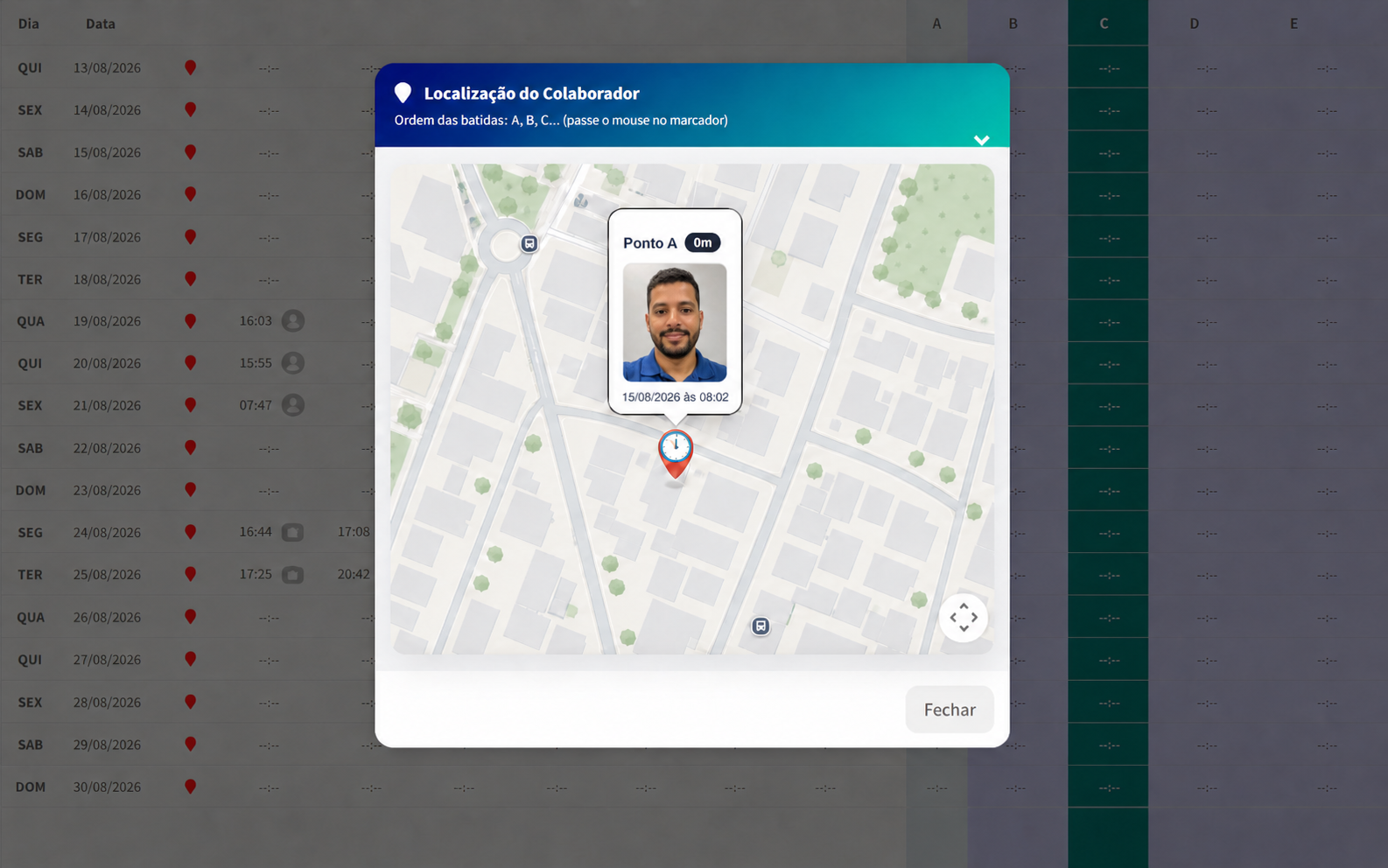 Janela da Ponteiro mostrando mapa, foto e localização de um colaborador fictício