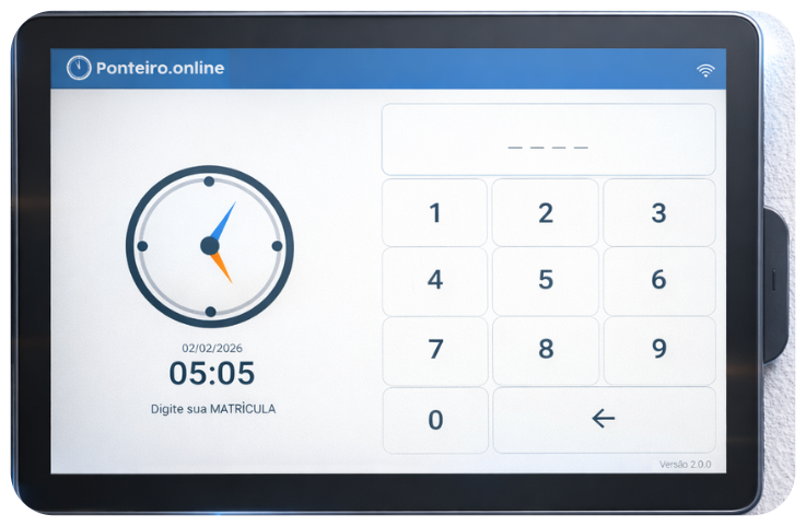 Composição demonstrativa de um tablet exibindo o relógio de ponto Ponteiro Online